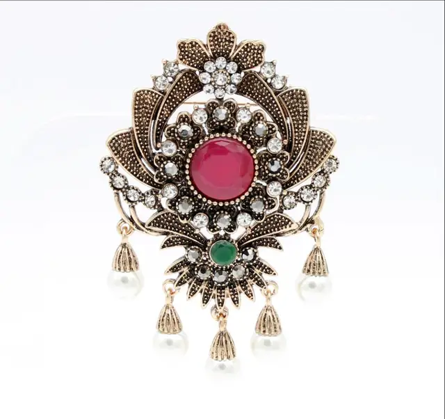 Vintage Indian Flower Bead Brooch Pins Antique Gold Color Round Resin