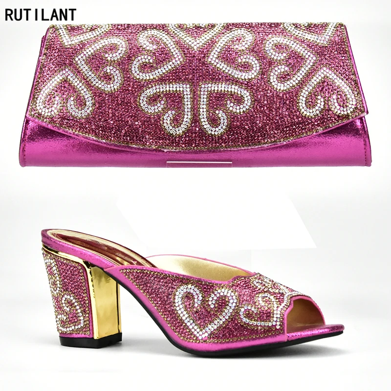Pink Color Italian Ladies Shoe and Bag Set Decorated with Rhinestone