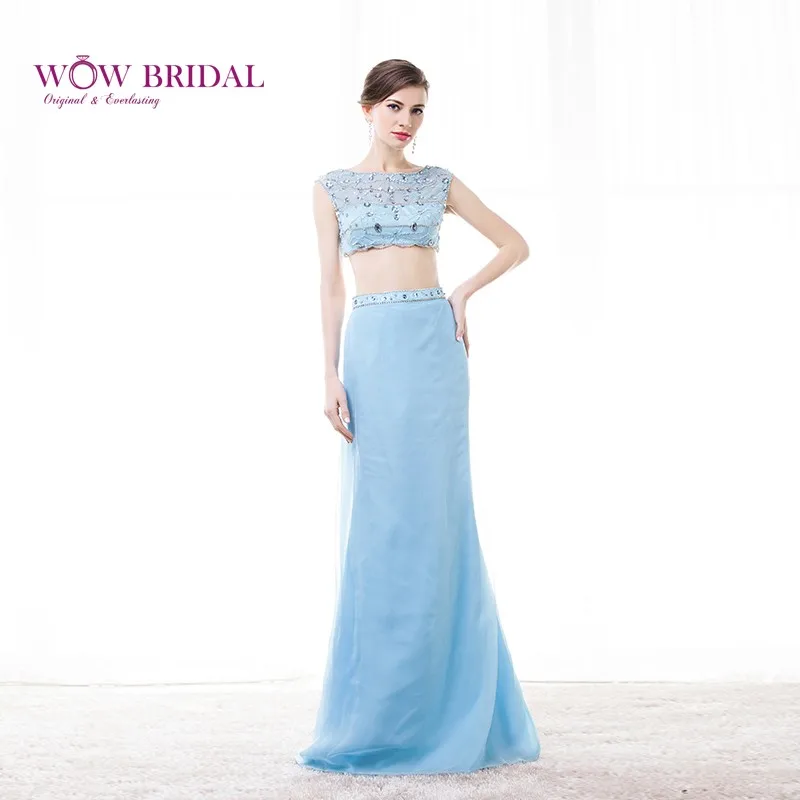 Wowbridal Фантазии Две Пьесы Кристалл Длинные Пром Платье Лодка Шеи Высокое Качество Бисера Sheer Органза Империи Линии Вечернее Платье