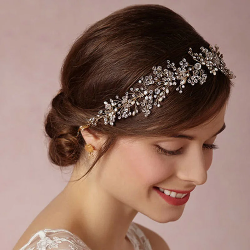 

Bridal Shinny Crystal Headband Tiara Wedding Hair Accessories Bead Head Band Rhinestone Headpieces With Pearl Ribbon Mariage