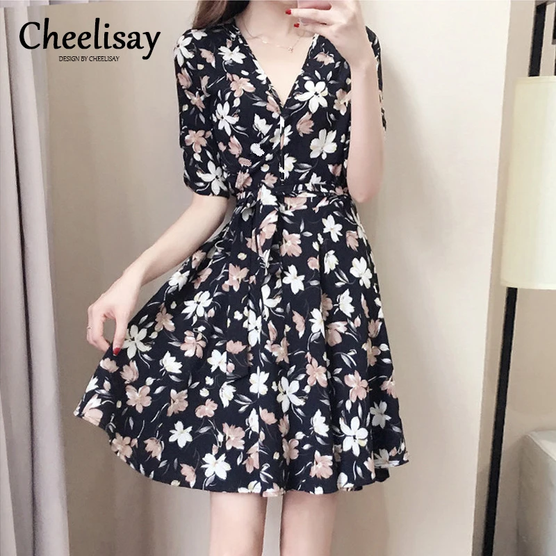 

2019 The New Summer Style Collect Waist Dress For Women Short Loose Floral Half Sleeve Summer Elegant Mini Dresses Vestidos