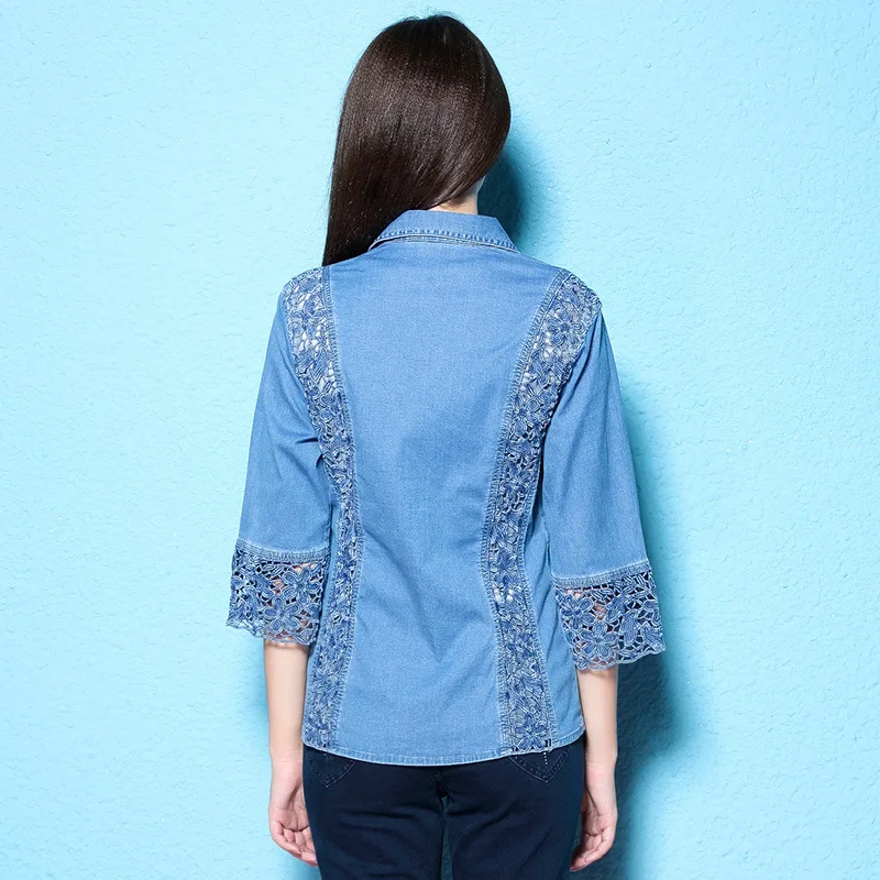 Осенне-зимнее Новое поступление Кружевная блуза женская модная джинсовая рубашка большие размеры блузка для женщин NW17C1273
