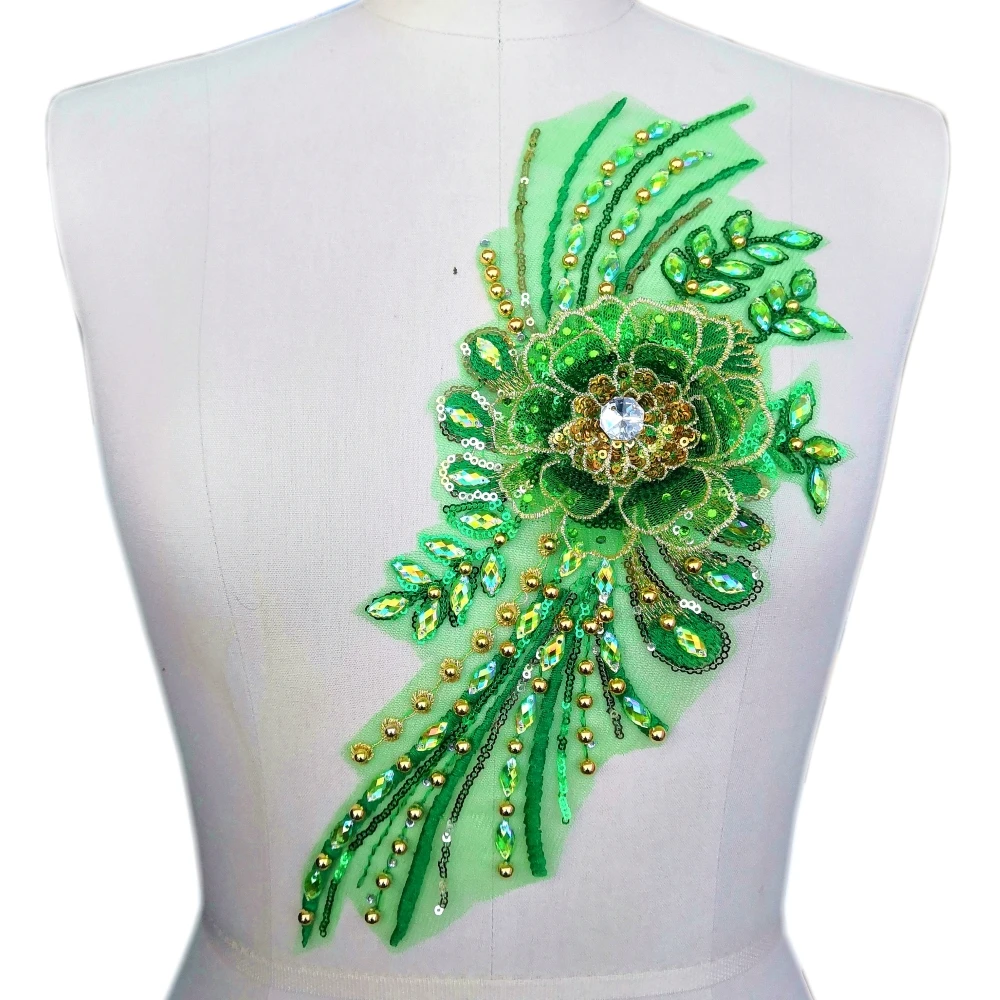 

3D Embroidered Green Lace Patches and Patches Diy Sewing for Clothes Cloth Beaded Rhinestone Crystal Strass Wedding Dress
