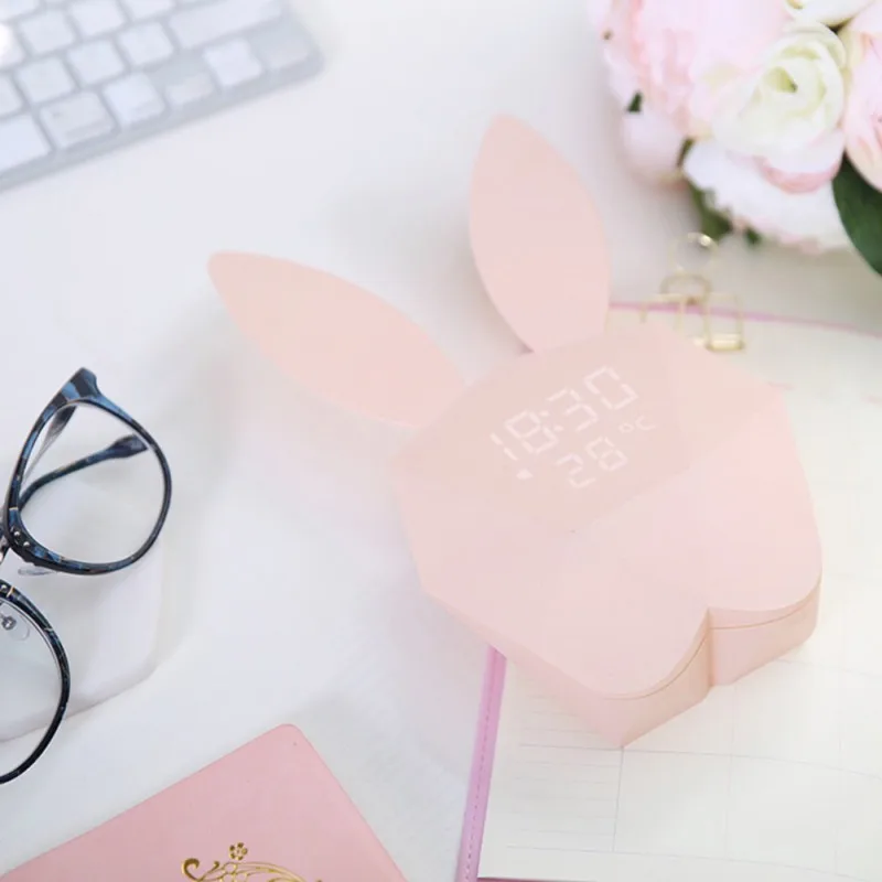 

Digital Alarm LED Sound Night Light Thermometer Rechargeable Table Wall Clocks Cute Rabbit Shape Clock For Home Decoration