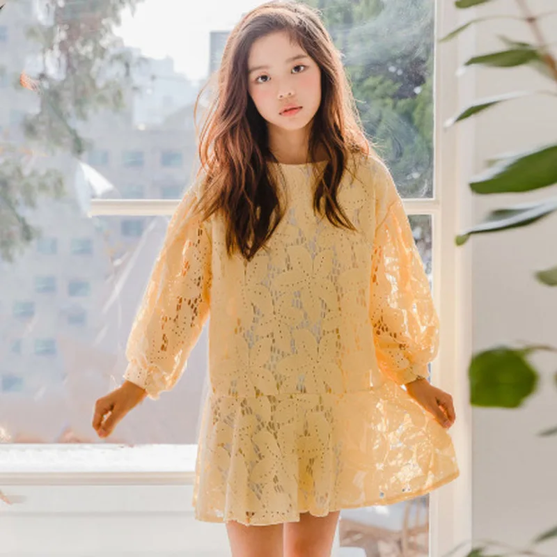 

New Lace Long Sleeve Dress For Children Wedding Party Prom Costume Floral Embroidery Girl Dresses Kids Clothing 4-15Yrs CA779