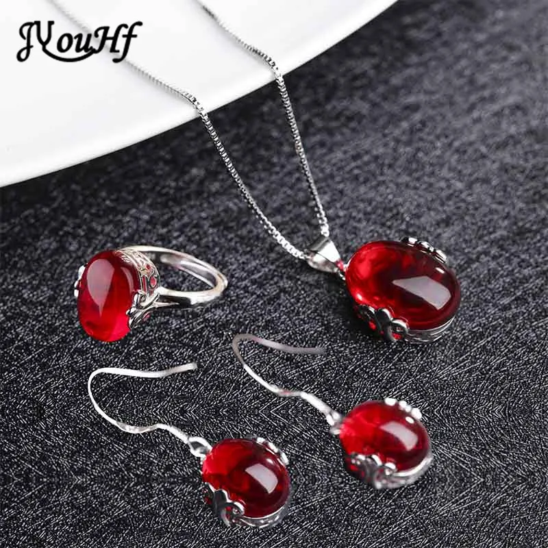 

JYouHF Fashion Red Green Agate Stone Jewelry Set Oval Shaped Necklace Earring Ring Jewelry Wedding Bridal Dress Accessories Gift