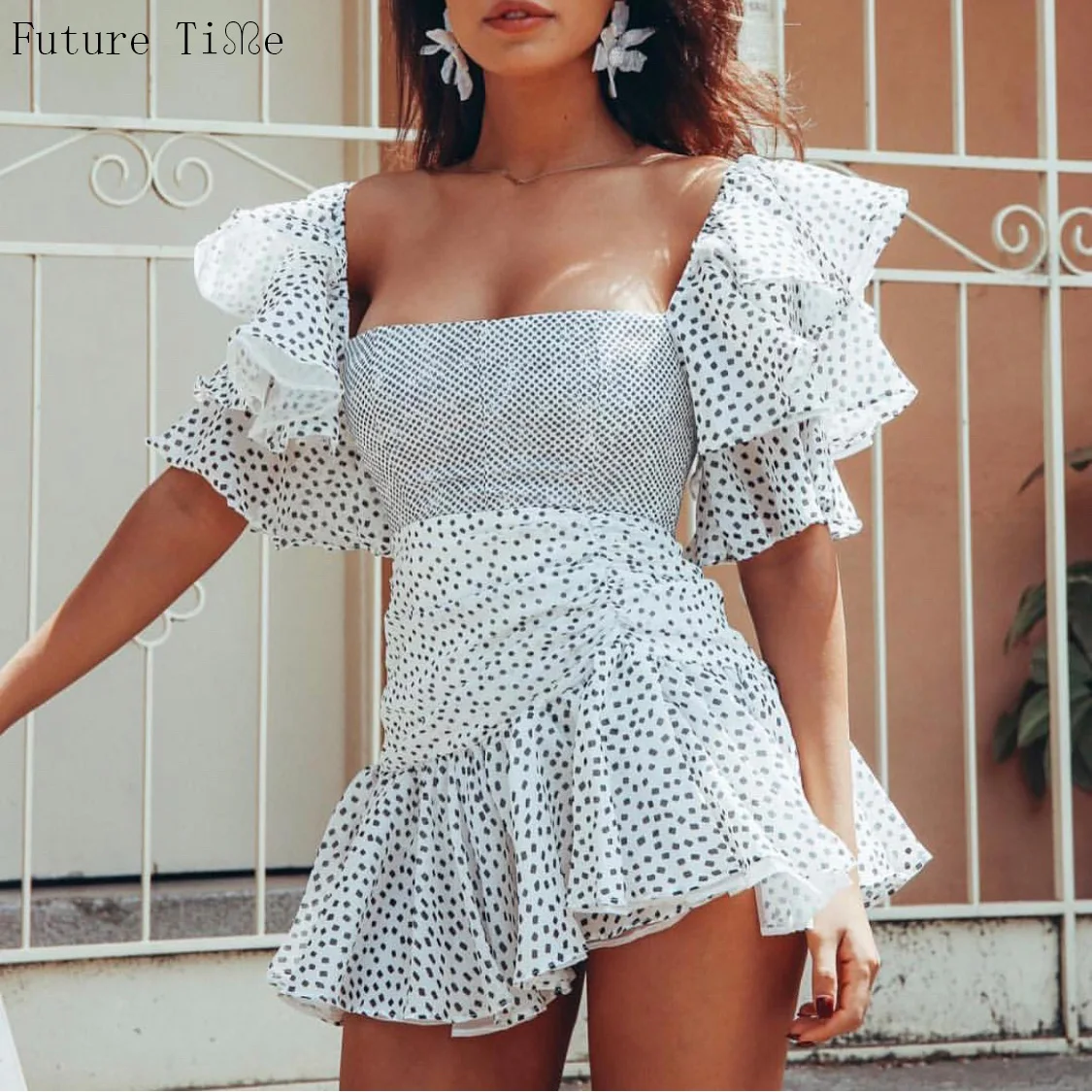 

Future Time Print Sweet White Mini Dress Women 2019 Summer Bandage Off Shoulder Sexy Dresses Ruffles Ball Gown Beach Dress F558