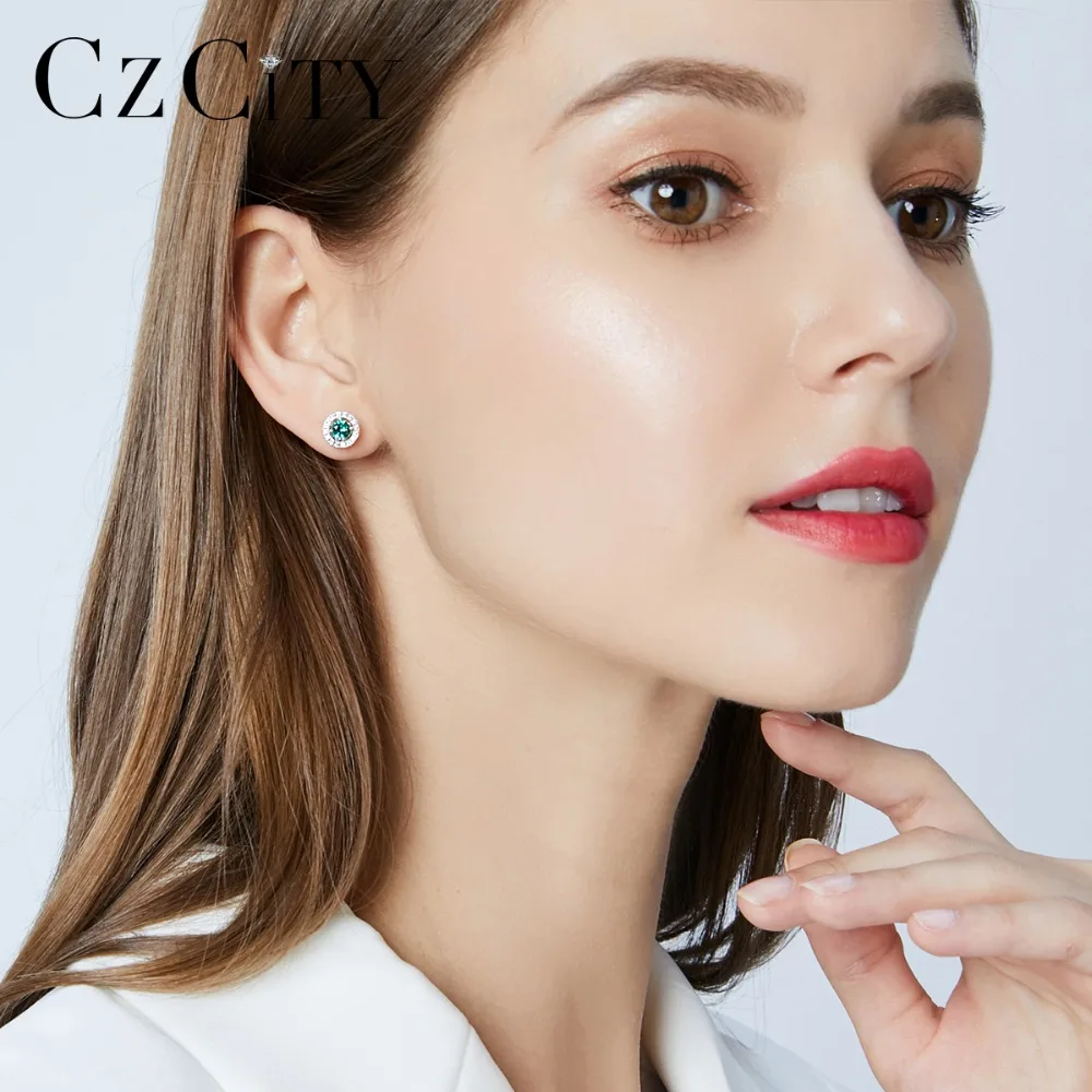 Boucles d'oreilles à tige en argent Sterling véritable de forme ronde pour femmes, pierres précieuses scintillantes vertes rouges bleues fines_voghion.com