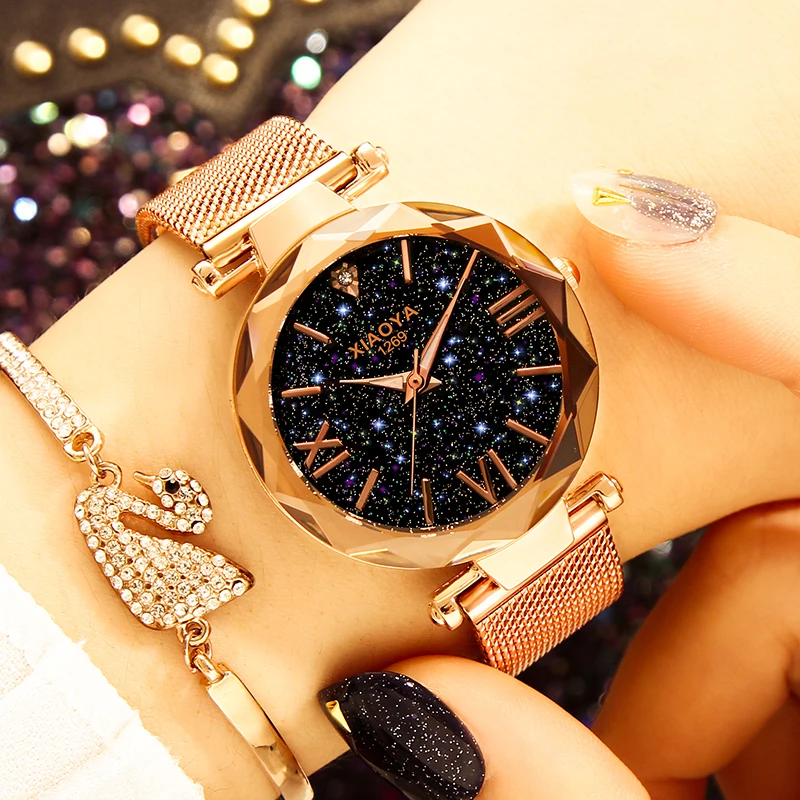 

Luxury Rose Gold Women Watches Minimalism Starry sky Magnet Buckle Fashion Casual Female Wristwatch Waterproof Roman Numeral