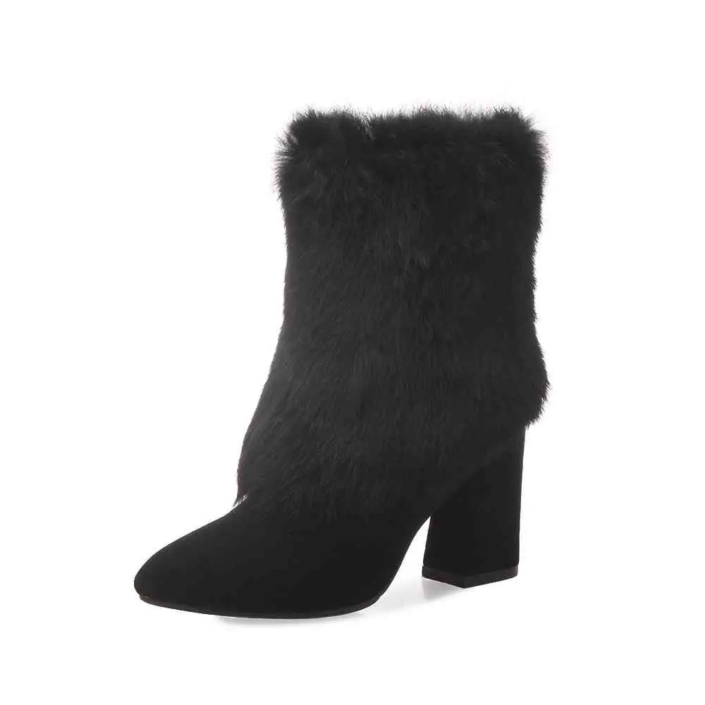 Noir Cheville Lenkisen Bout Femmes gris D'hiver Solide Lapin khaki Nouveau Bottes L83 Garder Neige Mode Fourrure Pointu Talons Épais De Velours Au Lacent Haute Chaud qWwBUrq