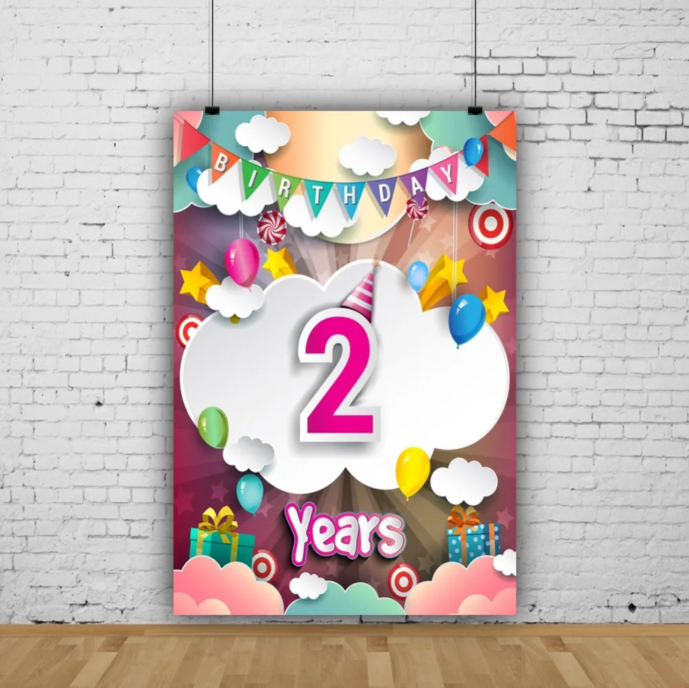 Laeacco Pink Baby 2nd Birthday Party Balloon Cartoon Flag Gift Poster Photo Backdrop Photography Background Digital Photo Studio