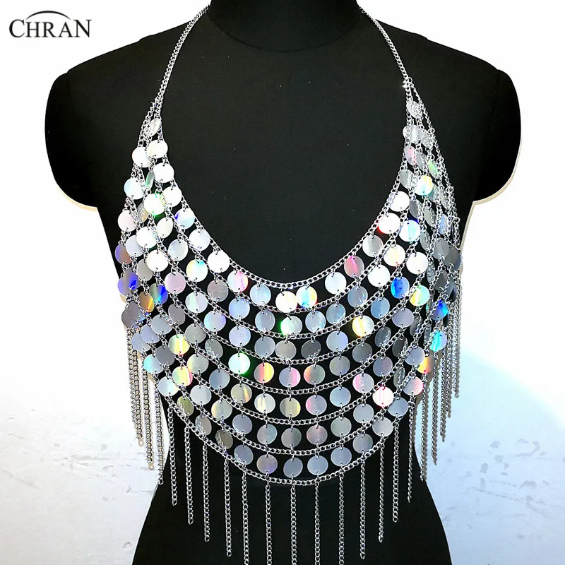 

Chran Holographic Sequin Bead Crop Top Chain Crystal Choker Necklace Halter Bra Bralette Bikini Wear Party Festival Body Jewelry