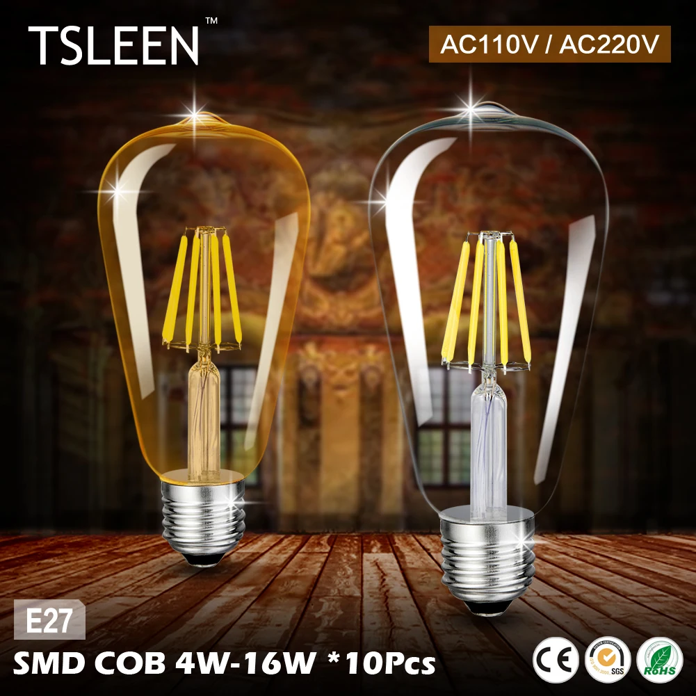 

TSLEEN +Lampara led+ 10x GOLDEN/TRANSPERENT E27 4/8/12/16W COB LED EDISON FILAMENT LIGHT BULB VINTAGE ST64 ROUND Cafe LAMPS
