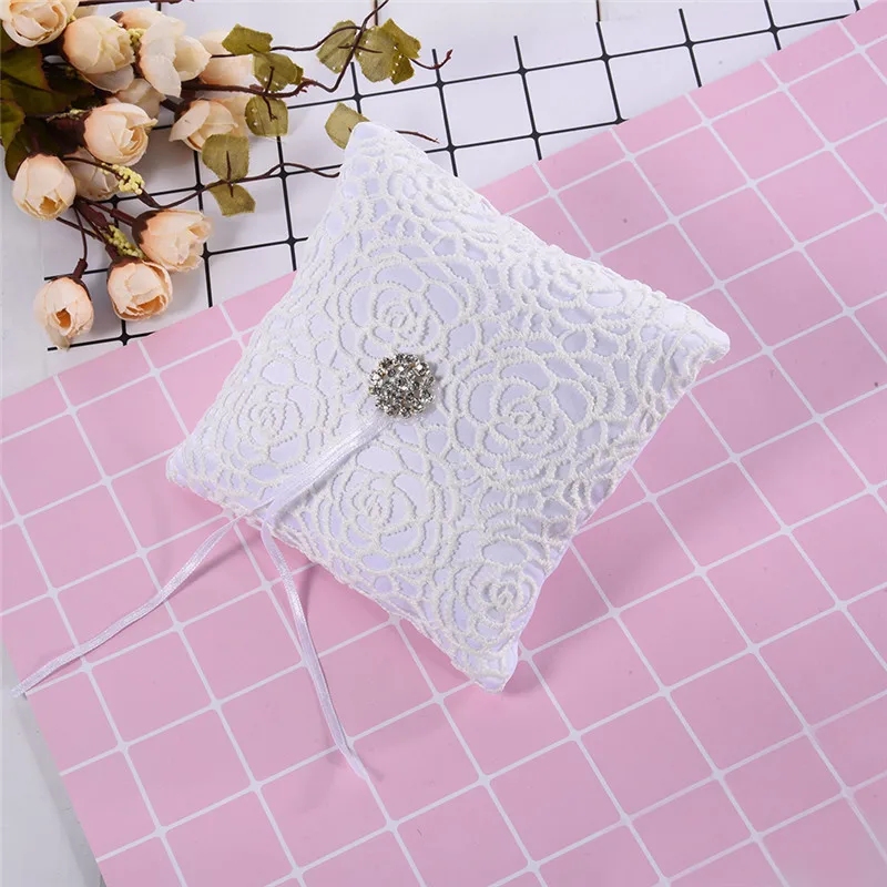 

Beautiful 15x15cm White Wedding Lace Ring Pillow Flower Shape With Flash Diamond Romantic Pillow Cushion Home Decoration