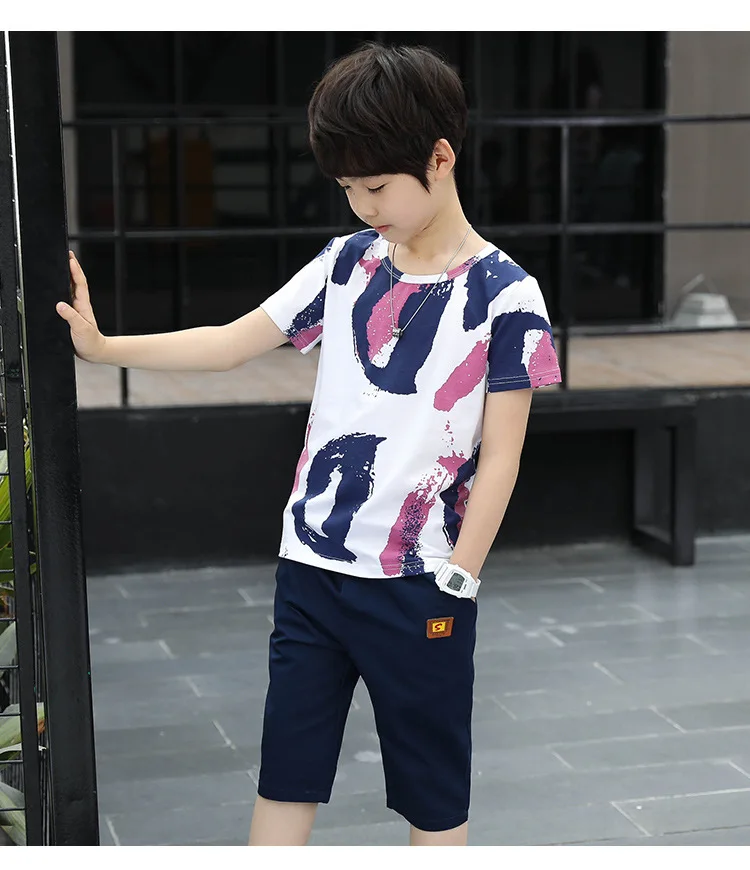 Одежда для мальчиков лето Костюмы комплект короткий рукав О-образный вырез с принтом Повседневное Комплект из 2 предметов 120-160 высокое качество