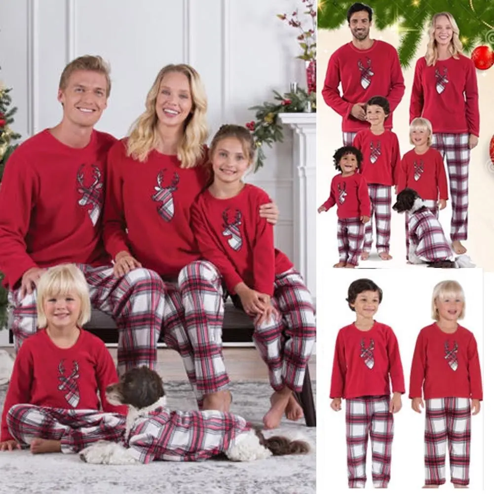 Комплект из 2 предметов; зимняя одинаковая Пижама унисекс для всей семьи; Рождественская одежда для родителей и детей с оленем и длинными рукавами