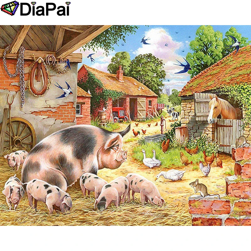 

DIAPAI 5D DIY Diamond Painting 100% Full Square/Round Drill "Pig horse house" Diamond Embroidery Cross Stitch 3D Decor A21462