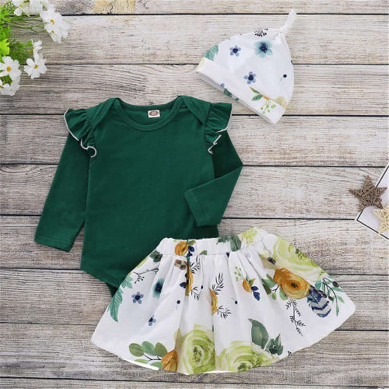 

2019 Spring and autumn baby 3 piece set cotton long-sleeved T-shirt + skirt + hat baby child fashion casual wear