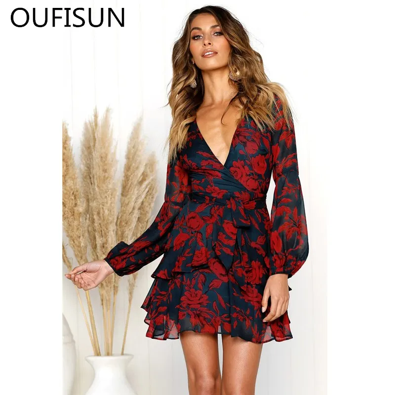 

Oufisun Summer Casual Boho Floral Print Beah Dress Sexy V-neck Bandage Ruffles Party Dress Women Full Sleeve Empire Mini Dresses