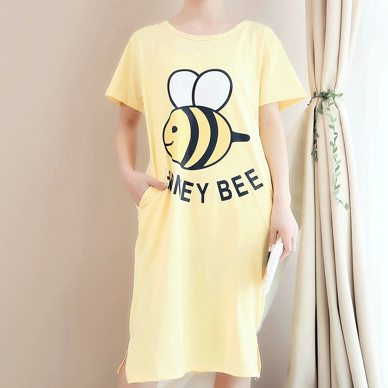 2018 Женская Уютная хлопковая ночная рубашка, ночные рубашки, летние пижамы с короткими рукавами с рисунком пчелы