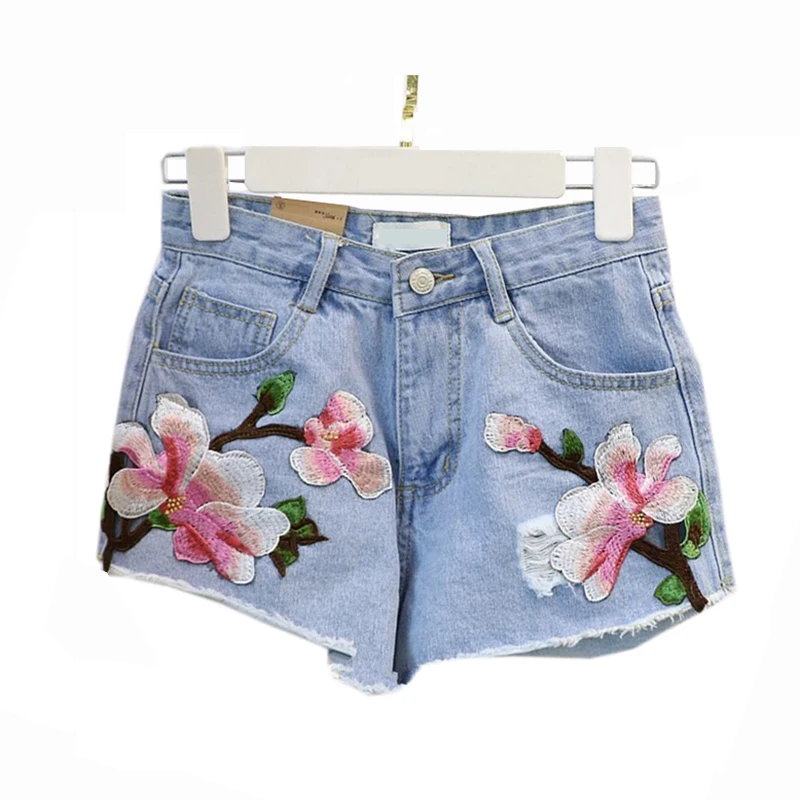 5XL Plus Size Floral embroidery denim shorts Women light blue flower Embroidered shorts Jeans
