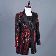 Роскошный красный огонь узор черный Полный блестками длинная куртка клуб/шоу/красный ковер/смокинг куртка