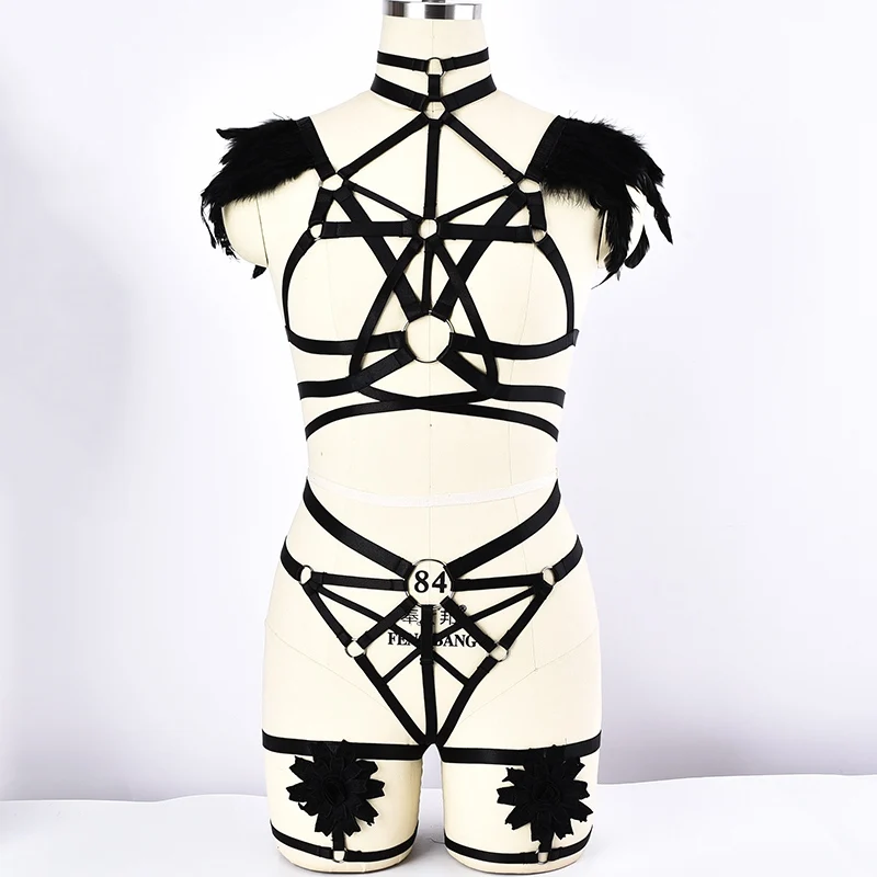 Feather Epaulettes Big Ring Harness Bra Gothic Body Harness Set Sexy Lingerie Elastic Adjust G-string Wedding Leg Garter Belt Feather Epaulettes Big Ring Harness Bra Gothic Body Harness Set Sexy Lingerie Elastic Adjust G-string Wedding Leg Garter Belt