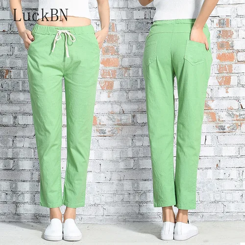 

2019 Cotton Linen Sweat Pants Casual Autumn Spring Women's Pants Plus Size Ankle Length Wide Leg Pants Straight Solid Trousers