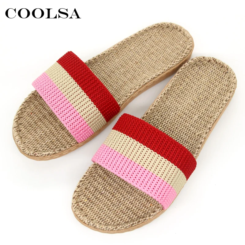 

Summer New Women Indoor Slippers Linen Slippers Stripe Flat Sewing Non-slip Sandals Female Home Flip Flops Casual Beach Shoes