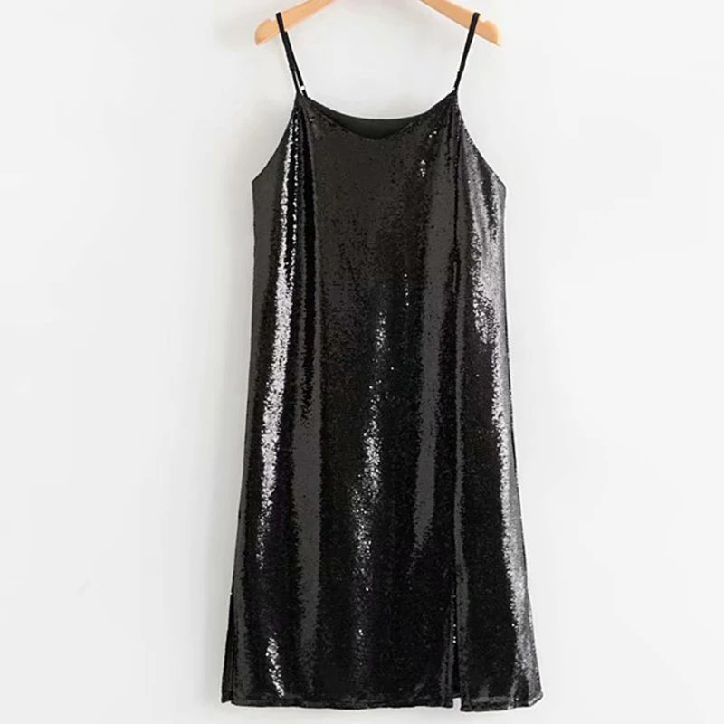 Women's Clothing Dress 2019 Polyester Sequined V-Neck Side Slit Dress Ms Summer Street Sexy Slim Fit Temperament Clothing