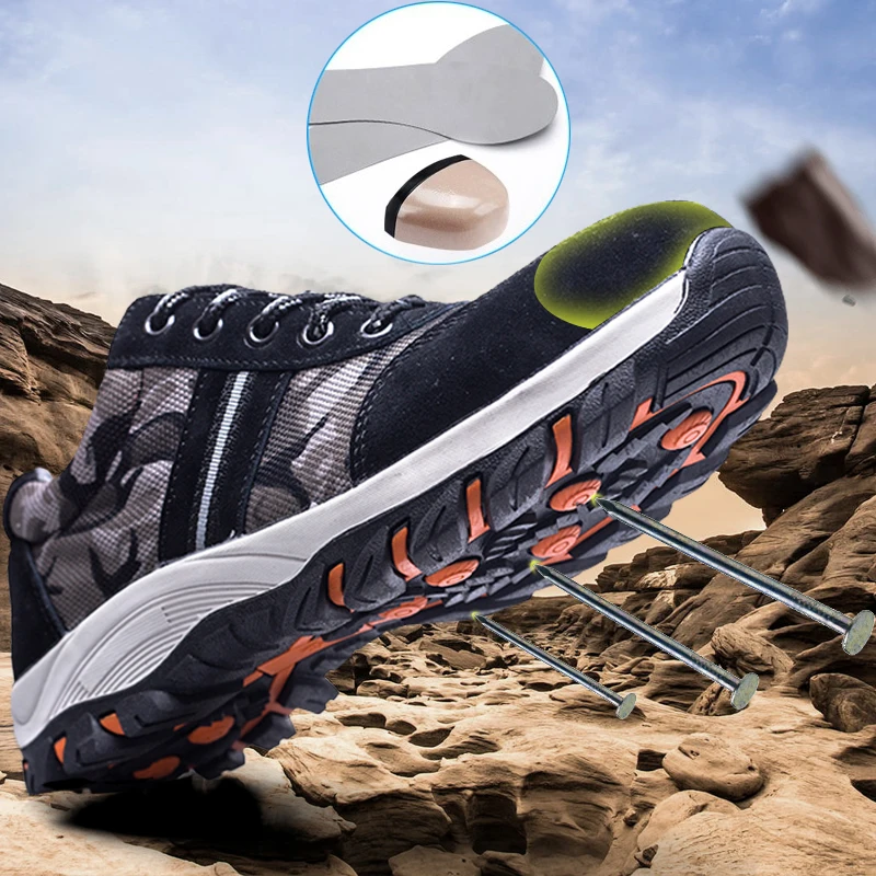 Men's breathable steel toe safety shoes men's outdoor non-slip steel puncture protective construction boots work shoes