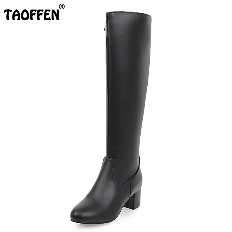 

TAOFFEN Size 31-45 Women High Heel Knee Boots Zipper Warm Fur Thick Heels Boots Warm Shoes For Cold Winter Botas Woman Footwear