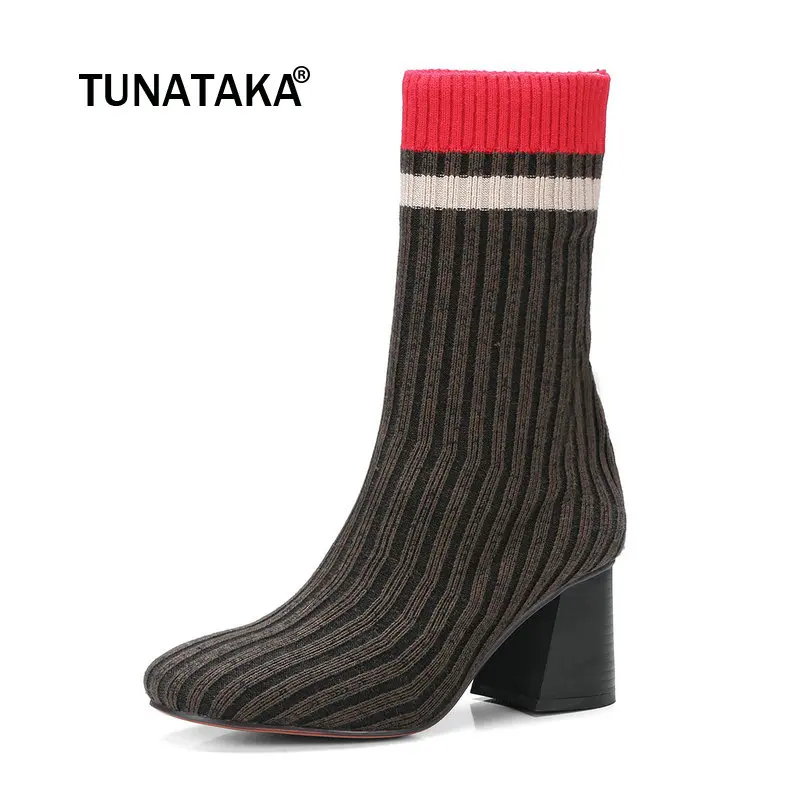 

Female Knitting Stretch Sock Boots Fashion Round Toe Hoof Heel Ankle Bootie Autumn Shoes Black Brown