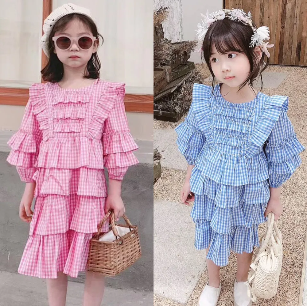

140/7T baby girls clothes spring summer baby girls dress pink blue plaid cotton three quarter sweet kids princess dresses