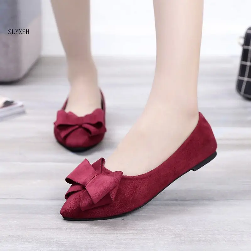 

SLYXSH Women Falts Pointed Toe Flats Woman Ballet Flats Faux Suede Bowtie Slip on Flats Shoes