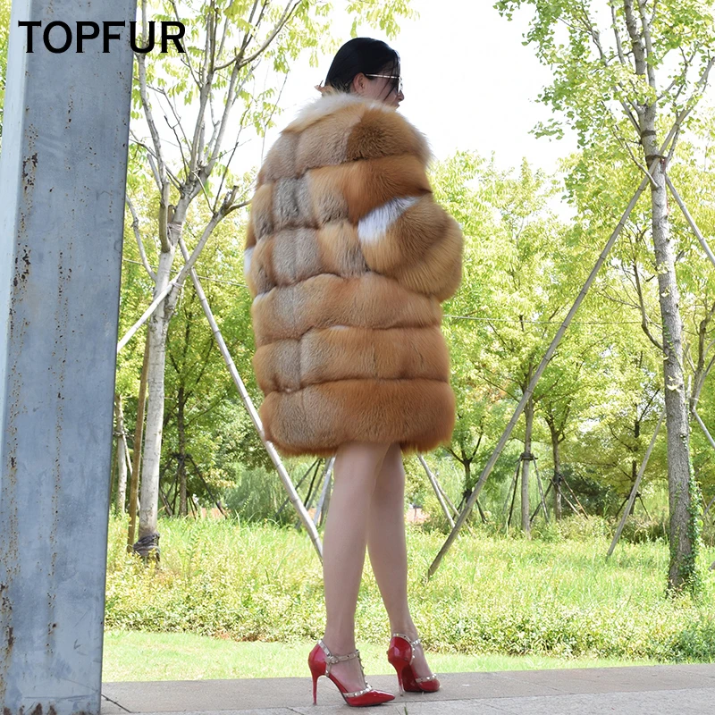 TOPFUR Новая роскошная зимняя женская шуба из натурального меха, Женская Толстая меховая кожаная куртка с воротником, натуральный золотой красный Лисий мех, шуба, верхняя одежда