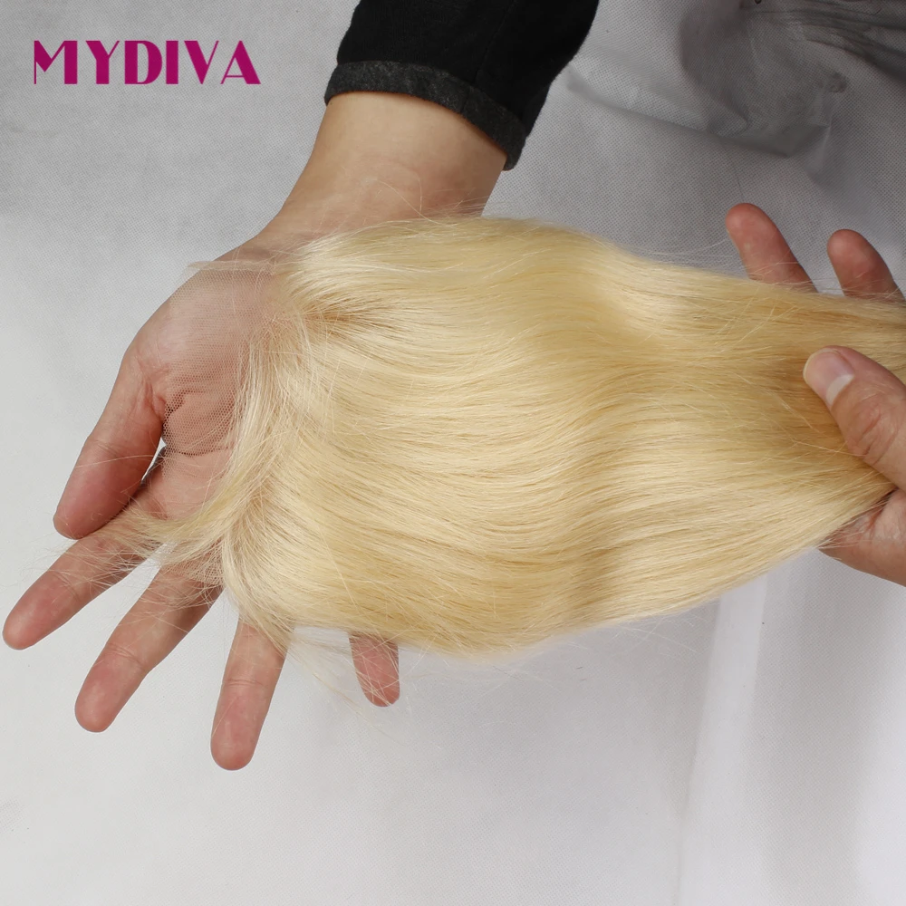 613 блондинка кружева закрытия бразильские прямые 4x4 Remy человеческие волосы закрытия швейцарское кружево свободная часть отбеленные узлы с ребенком волос Mydiva