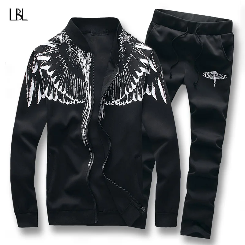 

Autumn Tracksuit Men Tow Pieces Zipper Angel Wings Print Mens Set Casual SportSuit Male Winter Sweatshirts Pants chandal hombre