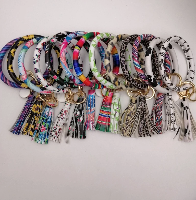 

EUBfree 2pcs 28colors PU Leather O Key Chain Custom Circle Tassel Wristlet Bracelet Keychains Girl Key Ring Wrist Strap
