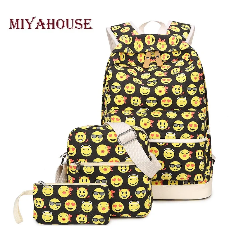 

Miyahouse 3 Pcs/Set Fashion Emoji Printing Backpack For Teenage Girls Large Capacity Canvas School Bag Female Shoulder Bag
