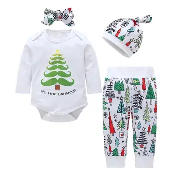 

4pcs/set Newborn Baby Christmas Clothes Set Boys Girls Romper Pants Headband Hat Infants Water Drop Letters Tree Clothing Set