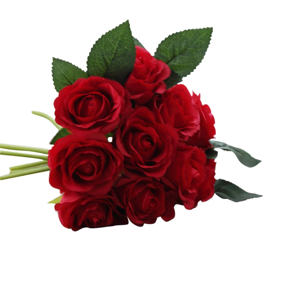 1 букет 10 шт. искусственная Красная роза цветок с головками Свадебный букет невесты или день рождения День Святого Валентина домашний декор