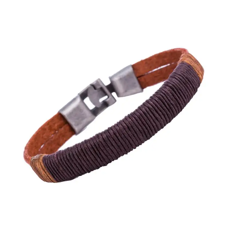 

Ourania High quality 2016 new listing black men's PU leather 1PC retro men's unique zinc alloy braided braid brown bracelet gift