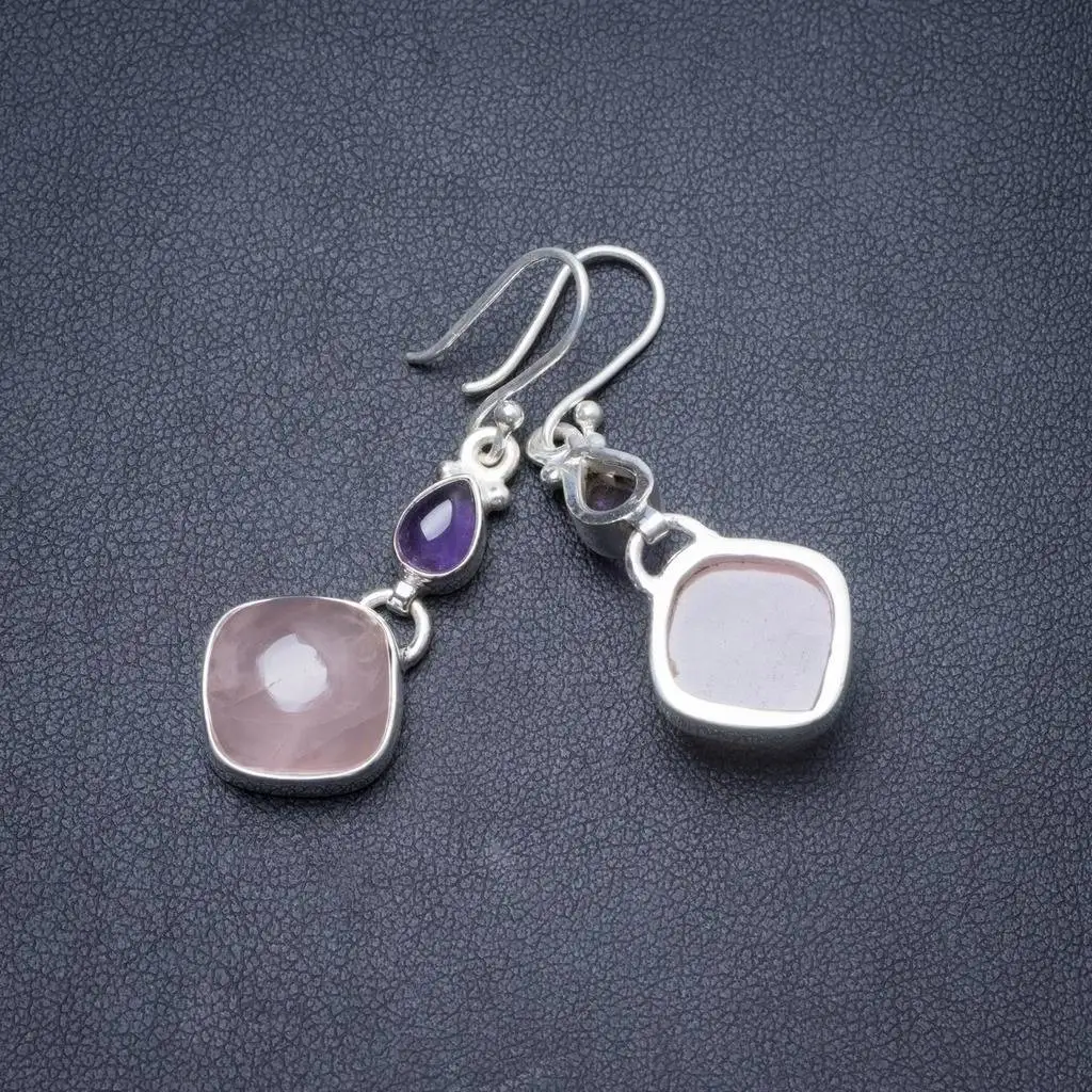 

Natural Rose Quartz and Amethyst Handmade Unique 925 Sterling Silver Earrings 1 3/4" Y2326