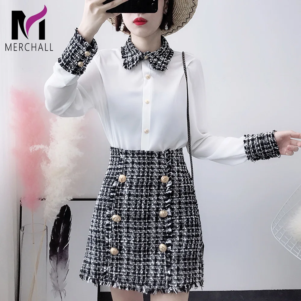 

2019 Spring Elegant Women 2 Piece Set Women Tweed Tassels Chiffon Shirt Top + Gold Double-Breasted Woolen Pencil Mini Skirt Suit