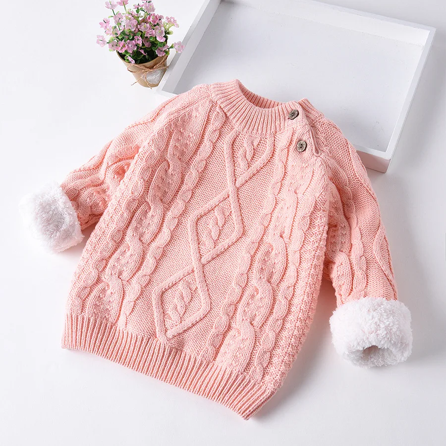 

New Autumn Winter Warm Velvet Boys Girls Sweater Toddler Girls Thick Knitwear Child Kids Bottoming O-Neck Pullovers Sweater P229
