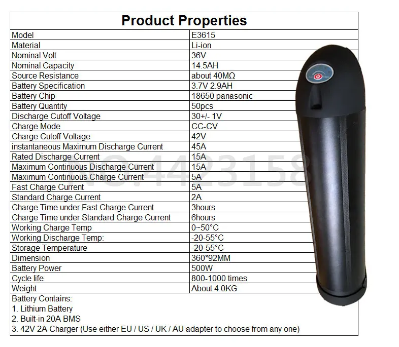 500 Вт 36 В 15AH бутылка для воды E-bike аккумулятора электроскутера 36 В 15AH E велосипед батарея использовать для аккумуляторы panasonic с BMS 2A зарядное устройство