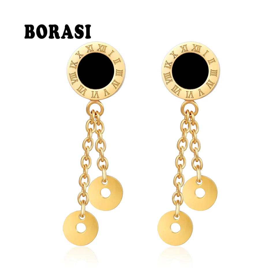 

BORASI Roman Numerals Black Disc Drop Earrings Gold Color Simple Temperament Stainless Steel Dangle Earrings For Woman Jewelry