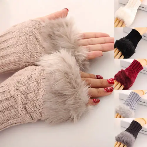 Women Winter Fur Woolen Knitted Fingerless Trim Gloves Arm Wrist Warmer Gloves