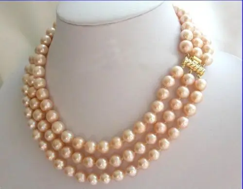 

Free Shipping >>>>> 3 ROW 9-10mm natural Akoya Pink Pearl Necklace 17'-19''14k